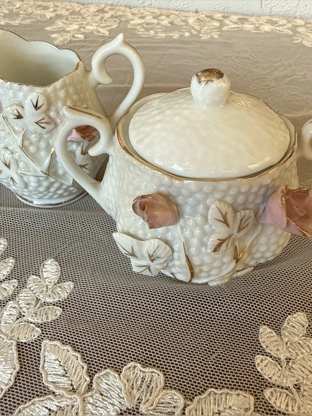 Vintage Japanese Porcelain Demi Creamer Sugar Set Hobnail 3D Pink Rose